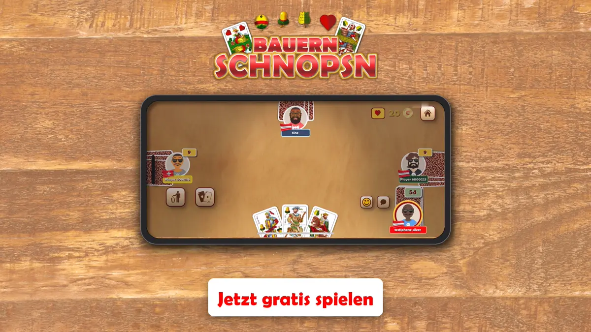 Bauernschnopsn App mit einem Spiel zu viert, gezeigt im Anleitungsvideo